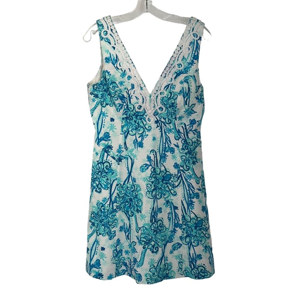 Lilly Pulitzer Brynn Blue White Printed V-Neck Fit & Flare Dress 10 Flawed